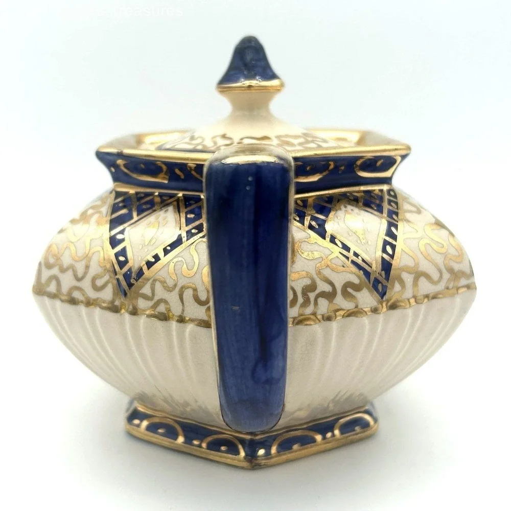 Vintage Imari Style Teapot Cobalt Blue and Gold Gilt Geometric Pattern 2 Piece